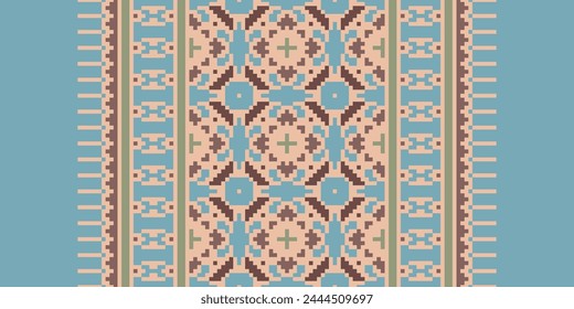 Cross Stitch Border. Embroidery Cross Stitch. Ethnic Patterns. Geometric Ethnic Indian pattern. Native Ethnic pattern. Texture Textile Fabric Clothing Knitwear print. Pixel Horizontal Seamless Vector.