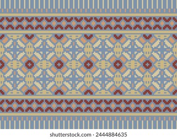 Cross Stitch Border. Embroidery Cross Stitch. Ethnic Patterns. Geometric Ethnic Indian pattern. Native Ethnic pattern. Texture Textile Fabric Clothing Knitwear print. Pixel Horizontal Seamless Vector.