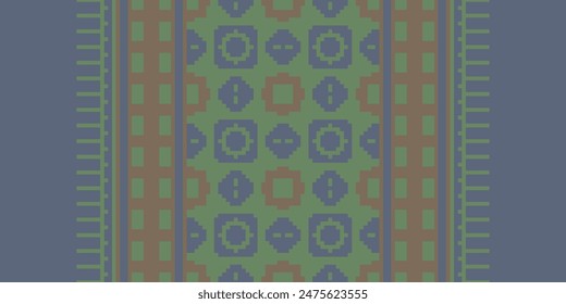 Cross Stitch Border. Embroidery Cross Stitch. Ethnic Patterns. Geometric Ethnic Indian Pattern. Native Ethnic pattern. texture Textile Fabric Clothing Knitwear Print. Pixel Horizontal Seamless Vector.