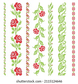 Cross stitch border set with floral green and red elements