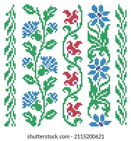 Cross stitch border set with floral green, blue and red elements