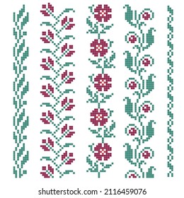 Cross Stitch Border Set With Floral Green And Red Elements