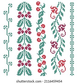 Cross stitch border set with floral green and red elements