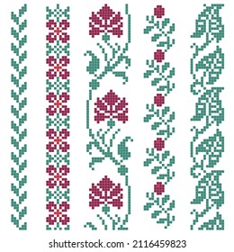 Cross Stitch Border Set With Floral Green And Red Elements