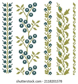 Cross Stitch Border Set With Floral Green And Blue Elements