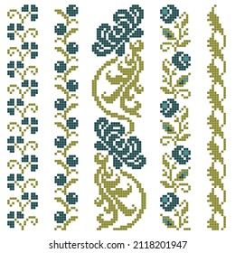 Cross stitch border set with floral green and blue elements