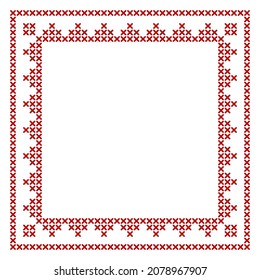 Cross stitch border, square frame pattern, perfect for Christmas banner design. Geometric redwork ornament for napkin embroidery layout pattern. Vector illustration