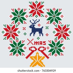 Cross Stitch ~ Christmas Pattern, Snow Crystal and Reindeer Pattern White Colors | Sweater Pattern | Cross-stitch