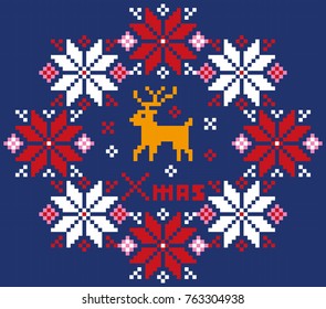 Cross stitch ~ Christmas pattern, snow crystal and reindeer navy blue color | sweater pattern | Cross-stitch