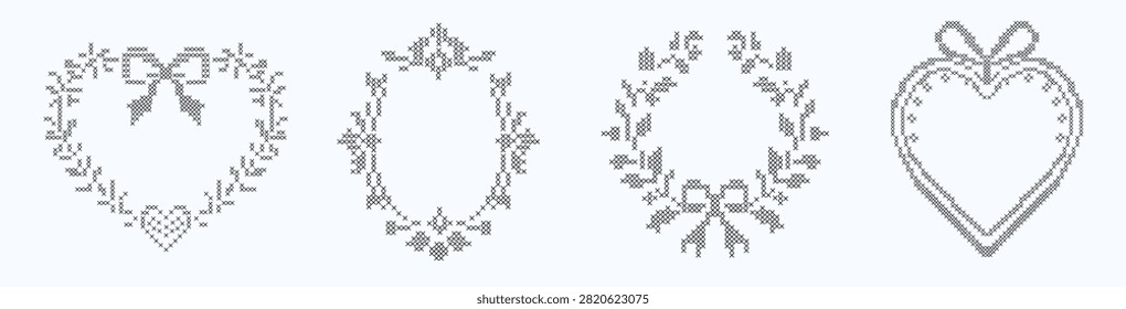 Cross stitch decorative borders collection with floral heart frames and festive holiday wreaths isolated on white. Embroidery needlework design set for wedding stationary, nursery, handmade crafts