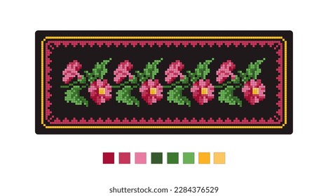 Cross stitch design with floral pattern. Cartoon flat style. Vector illustration