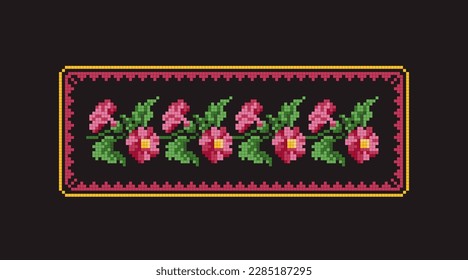 Cross stitch design with floral pattern. Isolated in dark bacjground. Cartoon flat style. Vector illustration  
