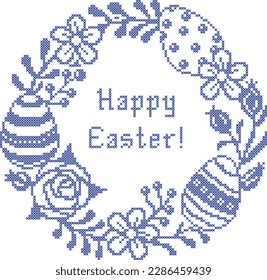 Cross stitch Easter wreath of flowers and eggs. Ukrainian Easter ornament. Original Easter greeting. Easter decor.