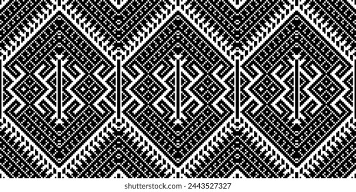 Cross Stitch Embroidery. Black White Ethnic Patterns. Native Style. Traditional Design for texture, textile, fabric, clothing, Knitwear, print. Geometric Pixel Horizontal Seamless Vector. 