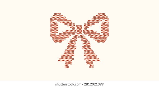 Cross stitch embroidery bow isolated on background. A geometric pixelated needlework vintage ribbon. Layout for cottagecore greeting cards, website banners, romantic stationery design. Vector.