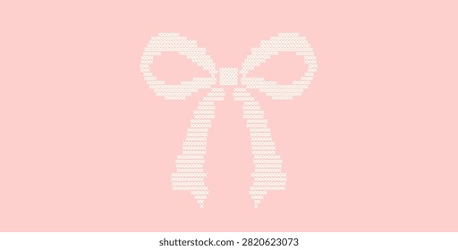Cross stitch embroidery bow on pink background. A geometric pixelated needlework vintage ribbon. Layout for cottagecore greeting cards, website banners, romantic stationery design. Vector illustration