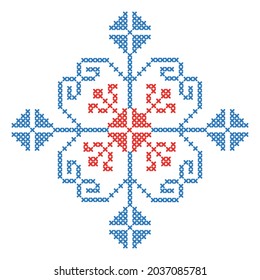 Cross stitch (embroidery) diamond pattern with blue and red flowers on a white background