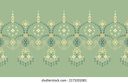 Cross Stitch Embroidery. Ethnic Patterns. Native Style. Traditional Design for texture, textile, fabric, clothing, Knitwear, print. Geometric Pixel Horizontal Seamless Vector. Green Gold Yellow White.