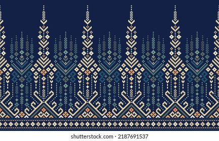 Cross Stitch Embroidery. Ethnic Patterns. Native Style. Traditional Design for texture, textile, fabric, clothing, Knitwear, print. Geometric Pixel Horizontal Seamless Vector. Blue, White, Dark Green.