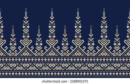 Cross Stitch Embroidery. Ethnic Patterns. Native Style. Traditional Design For Texture, Textile, Fabric, Clothing, Knitwear, Print. Geometric Pixel Horizontal Seamless Vector. Blue, White, Dark Green.