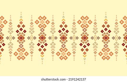 Cross Stitch Embroidery. Ethnic Patterns. Native Style. Traditional Design for texture, textile, fabric, clothing, Knitwear, print. Geometric Pixel Horizontal Seamless Vector. Earth tone. Red. Yellow.