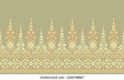 Cross Stitch Embroidery. Ethnic Patterns. Native Style. Traditional Design for texture, textile, fabric, clothing, Knitwear, print. Geometric Pixel Horizontal Seamless Vector. Earth tone. Gold. Grey.