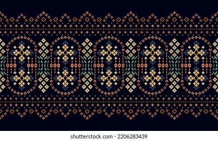 Cross Stitch Embroidery. Ethnic Patterns. Geometric Ethnic Indian pattern. Native Ethnic pattern. Cross Stitch Border. Texture Textile Fabric Clothing Knitwear print. Pixel Horizontal Seamless Vector.