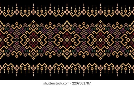 Cross Stitch Embroidery. Ethnic Patterns. Geometric Ethnic Indian pattern. Native Ethnic pattern. Cross Stitch Border. Texture Textile Fabric Clothing Knitwear print. Pixel Horizontal Seamless Vector.