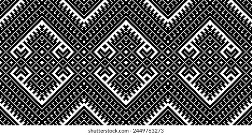 Cross Stitch Embroidery. Ethnic Patterns. Native Style. Traditional Design for texture, textile, fabric, clothing, Knitwear, print. Geometric Pixel Horizontal Seamless Vector. Ukrainian folk, ethnic
