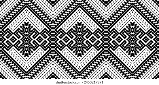 Cross Stitch Embroidery. Ethnic Patterns. Native Style. Traditional Design for texture, textile, fabric, clothing, Knitwear, print. Geometric Pixel Horizontal Seamless Vector. Ukrainian folk, ethnic