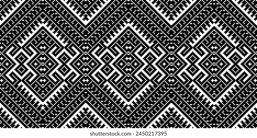 Cross Stitch Embroidery. Ethnic Patterns. Native Style. Traditional Design for texture, textile, fabric, clothing, Knitwear, print. Geometric Pixel Horizontal Seamless Vector. Ukrainian folk, ethnic