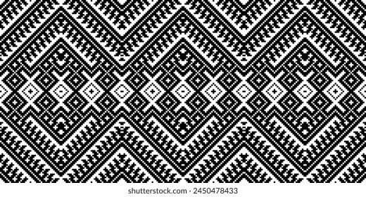 Cross Stitch Embroidery. Ethnic Patterns. Native Style. Traditional Design for texture, textile, fabric, clothing, Knitwear, print. Geometric Pixel Horizontal Seamless Vector. Ukrainian folk, ethnic