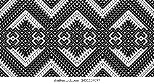 Cross Stitch Embroidery. Ethnic Patterns. Native Style. Traditional Design for texture, textile, fabric, clothing, Knitwear, print. Geometric Pixel Horizontal Seamless Vector. Ukrainian folk, ethnic