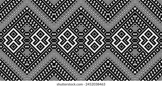 Cross Stitch Embroidery. Ethnic Patterns. Native Style. Traditional Design for texture, textile, fabric, clothing, Knitwear, print. Geometric Pixel Horizontal Seamless Vector. Ukrainian folk, ethnic