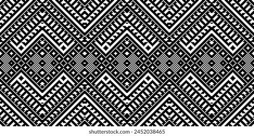 Kreuzstich-Stickerei. Ethnische Muster. Nativer Stil. Traditionelles Design für Textur, Textil, Stoff, Kleidung, Strickwaren, Druck. Geometrische Pixel Horizontale nahtlose Vektorgrafik. Ukrainisches Volk, ethnisch