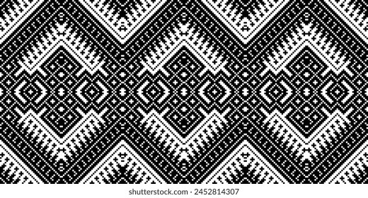 Bordado de punto de cruz. Patrones étnicos. Estilo nativo. Diseño tradicional para textura, textil, tela, ropa, trajes de punto, impresión. Vector sin costura Horizontal de píxeles geométricos. ucraniano, étnico