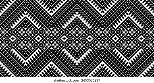 Cross Stitch Embroidery. Ethnic Patterns. Native Style. Traditional Design for texture, textile, fabric, clothing, Knitwear, print. Geometric Pixel Horizontal Seamless Vector. Ukrainian folk, ethnic