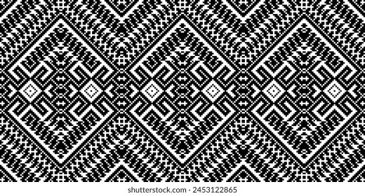 Kreuzstich-Stickerei. Ethnische Muster. Nativer Stil. Traditionelles Design für Textur, Textil, Stoff, Kleidung, Strickwaren, Druck. Geometrische Pixel Horizontale nahtlose Vektorgrafik. Ukrainisches Volk, ethnisch