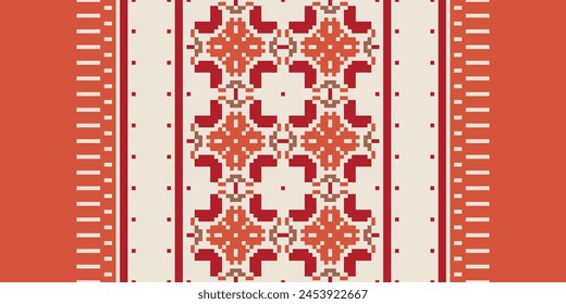 Bordado de punto de cruz. Patrones étnicos. Patrón geométrico étnico indio. Patrón étnico nativo. Borde de puntada cruzada. Textura Textil Tela Ropa Ropa de punto estampado. Pixel Vector Horizontal sin costuras.