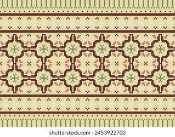 Cross Stitch Embroidery. Ethnic Patterns. Geometric Ethnic Indian pattern. Native Ethnic pattern. Cross Stitch Border. Texture Textile Fabric Clothing Knitwear print. Pixel Horizontal Seamless Vector.