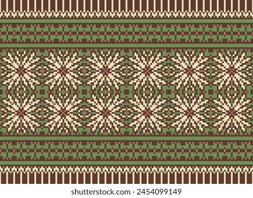 Kreuzstich-Stickerei. Ethnische Muster. In: Geometric Ethnic Indian Pattern. Einheimisches ethnisches Muster. Steppnaht. Textur Textilgewebe Bekleidung Strickbekleidung Druck. Pixel Horizontale nahtlose Vektorgrafik.