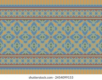 Bordado de punto de cruz. Patrones étnicos. Patrón geométrico étnico indio. Patrón étnico nativo. Borde de puntada cruzada. Textura Textil Tela Ropa Ropa de punto estampado. Pixel Vector Horizontal sin costuras.