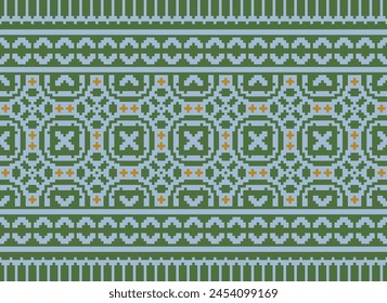 Cross Stitch Embroidery. Ethnic Patterns. Geometric Ethnic Indian pattern. Native Ethnic pattern. Cross Stitch Border. Texture Textile Fabric Clothing Knitwear print. Pixel Horizontal Seamless Vector.