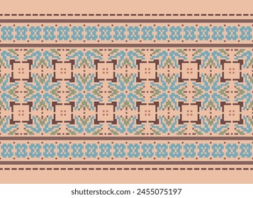 Bordado de punto de cruz. Patrones étnicos. Patrón geométrico étnico indio. Patrón étnico nativo. Borde de puntada cruzada. Textura Textil Tela Ropa Ropa de punto estampado. Pixel Vector Horizontal sin costuras.
