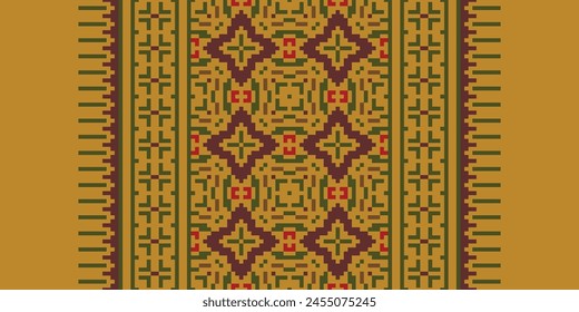 Kreuzstich-Stickerei. Ethnische Muster. In: Geometric Ethnic Indian Pattern. Einheimisches ethnisches Muster. Steppnaht. Textur Textilgewebe Bekleidung Strickbekleidung Druck. Pixel Horizontale nahtlose Vektorgrafik.
