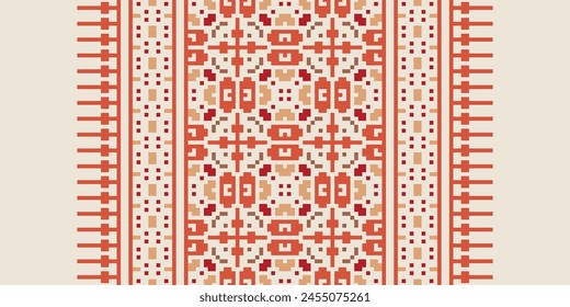 Bordado de punto de cruz. Patrones étnicos. Patrón geométrico étnico indio. Patrón étnico nativo. Borde de puntada cruzada. Textura Textil Tela Ropa Ropa de punto estampado. Pixel Vector Horizontal sin costuras.