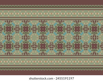 Cross Stitch Embroidery. Ethnic Patterns. Geometric Ethnic Indian pattern. Native Ethnic pattern. Cross Stitch Border. Texture Textile Fabric Clothing Knitwear print. Pixel Horizontal Seamless Vector.