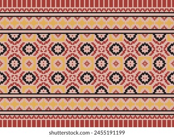 Kreuzstich-Stickerei. Ethnische Muster. In: Geometric Ethnic Indian Pattern. Einheimisches ethnisches Muster. Steppnaht. Textur Textilgewebe Bekleidung Strickbekleidung Druck. Pixel Horizontale nahtlose Vektorgrafik.