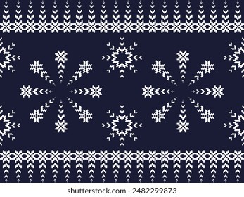 Cross Stitch Embroidery. Ethnic Patterns. Native Style. Traditional Design for texture, textile, fabric, clothing, Knitwear, print. Geometric Pixel Horizontal Seamless Vector. Blue, White.