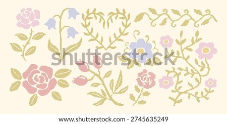 Cross stitch embroidery floral elements in soft spring colors. Pixel lace rose, bell flower, rosehip and leaves. Vintage cottagecore needlecraft design. Vector illustrations